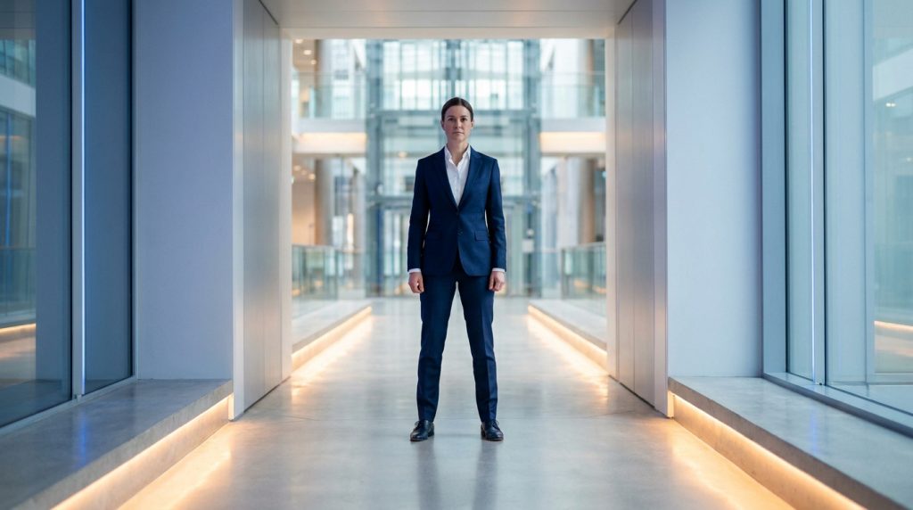 Une femme en costume bleu se tient debout au centre d'un couloir moderne et lumineux d'un bâtiment administratif.