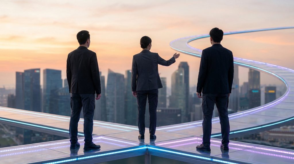 Trois professionnels debout à une intersection sur une passerelle futuriste face à un horizon urbain au coucher du soleil.