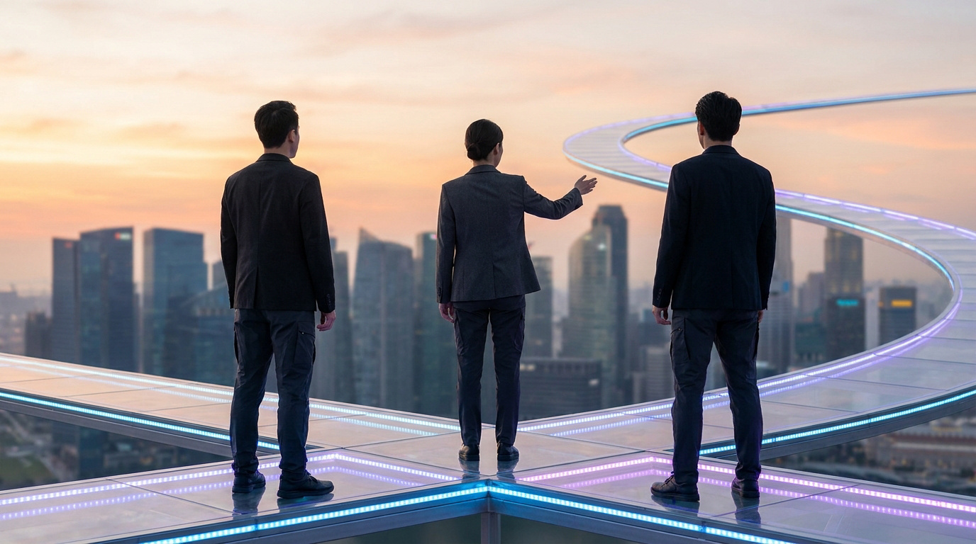 Trois professionnels debout à une intersection sur une passerelle futuriste face à un horizon urbain au coucher du soleil.