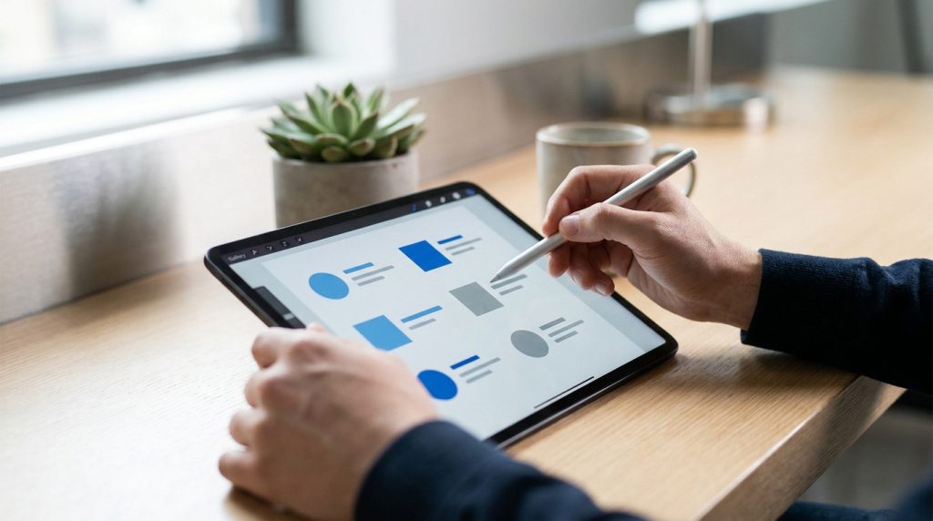 Une personne utilise un stylet sur une tablette pour organiser des listes à puces graphiques sur un bureau en bois.