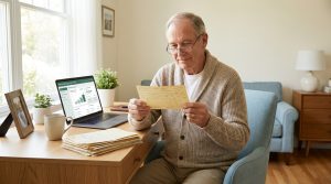 Un homme âgé examine un document de paie devant son ordinateur dans un bureau à domicile lumineux.