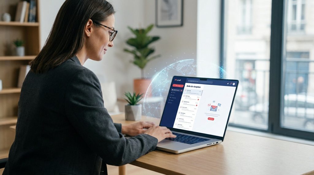 Une femme utilisant un ordinateur portable affichant l'interface de messagerie Mailo avec une icône de globe numérique.