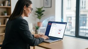Une femme utilisant un ordinateur portable affichant l'interface de messagerie Mailo avec une icône de globe numérique.