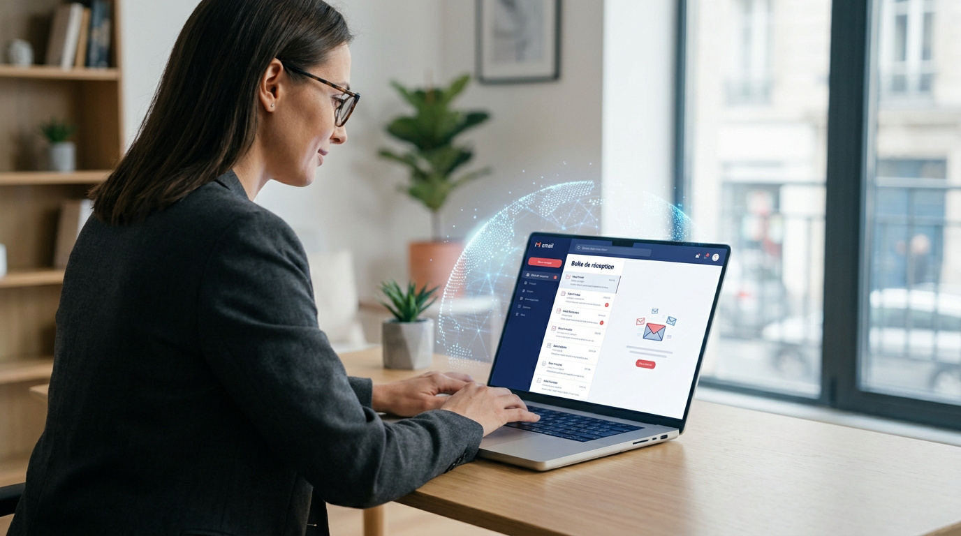 Une femme utilisant un ordinateur portable affichant l'interface de messagerie Mailo avec une icône de globe numérique.