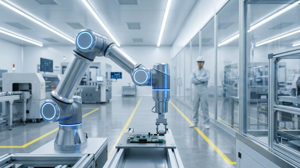 Bras robotique articulé manipulant un composant électronique dans une usine de haute technologie sous surveillance.