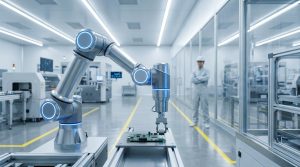 Bras robotique articulé manipulant un composant électronique dans une usine de haute technologie sous surveillance.