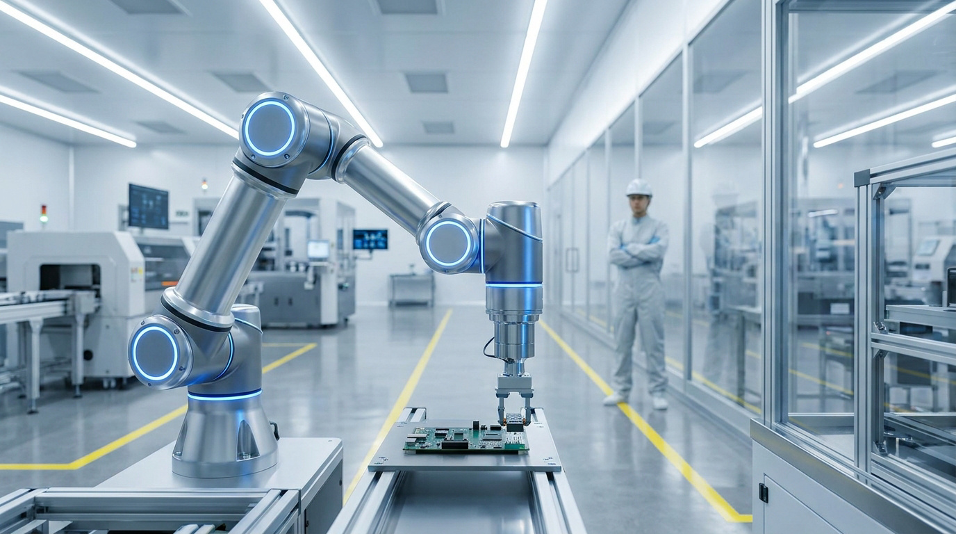 Bras robotique articulé manipulant un composant électronique dans une usine de haute technologie sous surveillance.