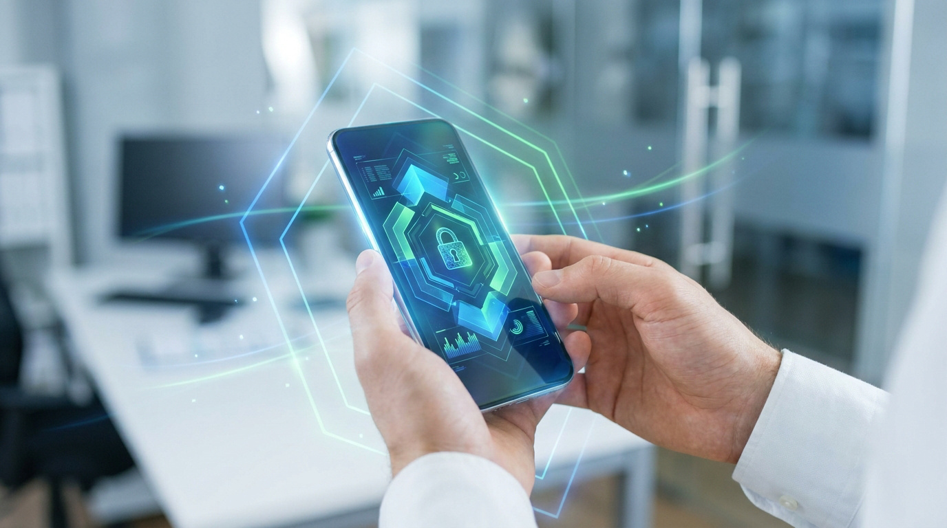 Mains tenant un smartphone avec une interface holographique de cadenas numérique illustrant la cybersécurité.