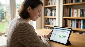 Une femme vérifie un résumé de transaction sécurisée de 45 $ sur sa tablette numérique dans une bibliothèque.