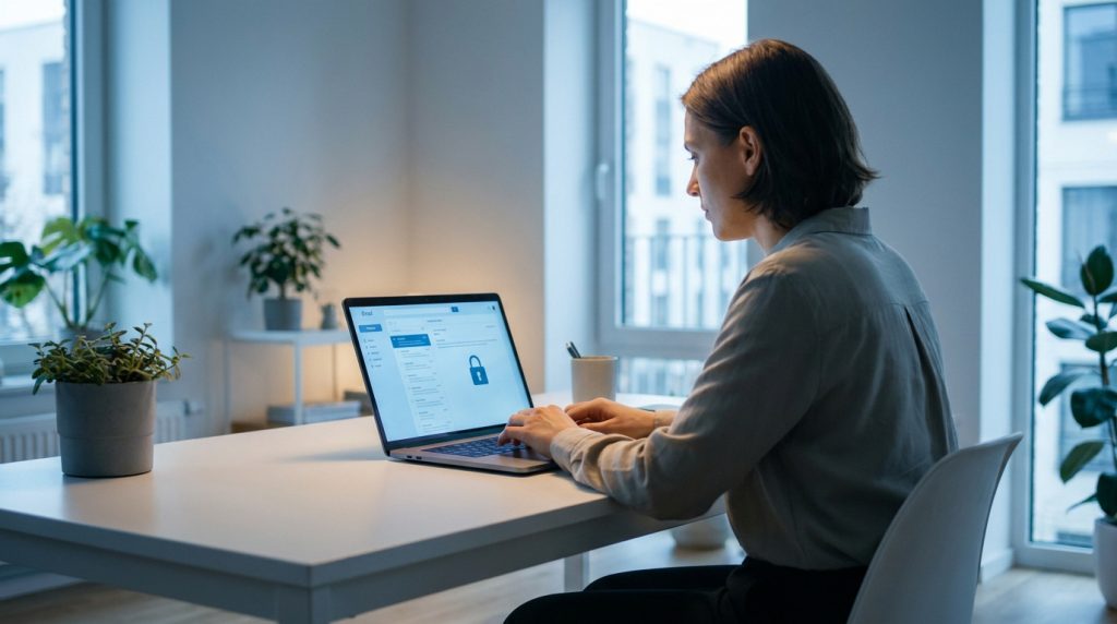 Une employée travaille sur son ordinateur portable affichant un portail de messagerie sécurisée dans un bureau moderne.