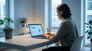 Une employée travaille sur son ordinateur portable affichant un portail de messagerie sécurisée dans un bureau moderne.