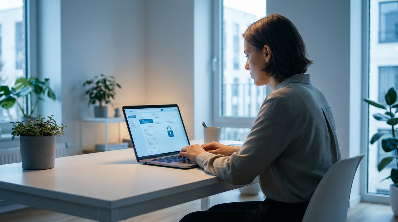 Une employée travaille sur son ordinateur portable affichant un portail de messagerie sécurisée dans un bureau moderne.