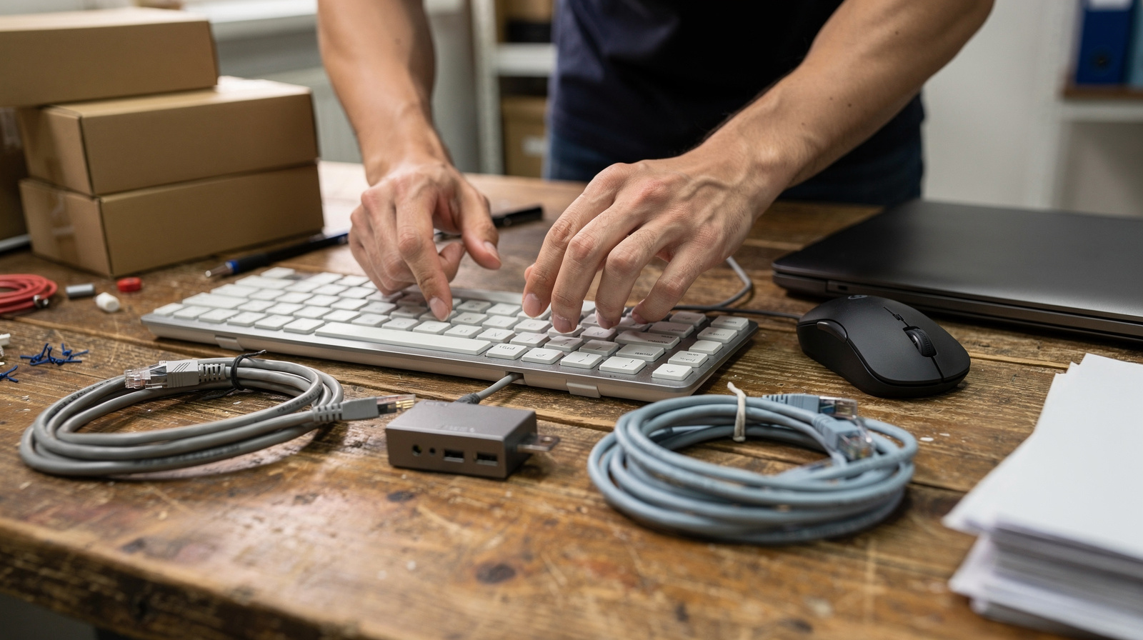 Préparation de périphériques et câbles informatiques en environnement professionnel