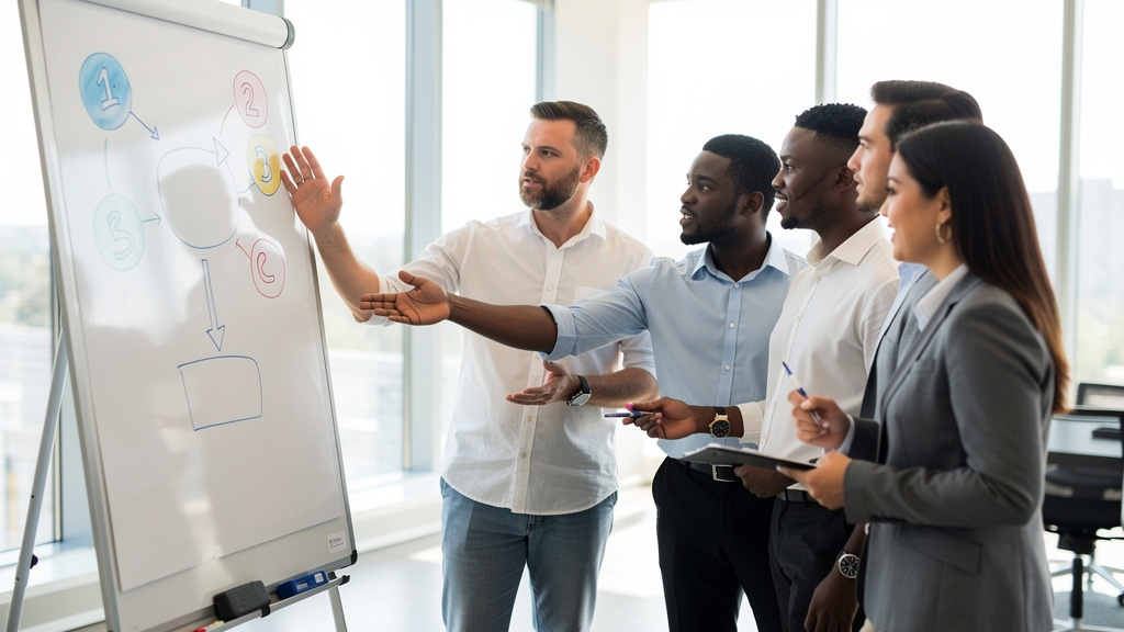 Équipe d'entrepreneurs en atelier de stratégie autour d'un tableau blanc