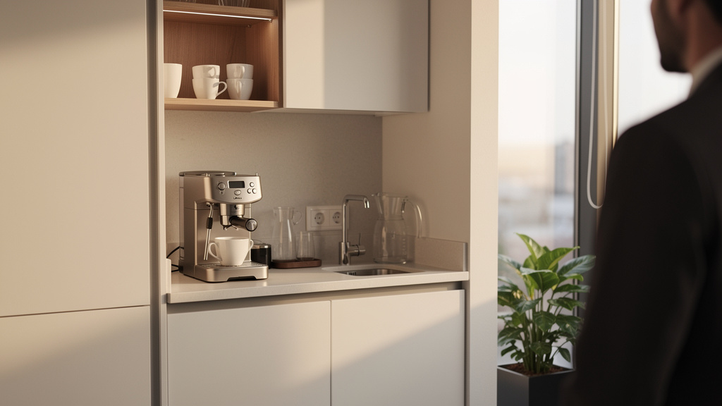 Coin cuisine compact dans un espace de bureau professionnel