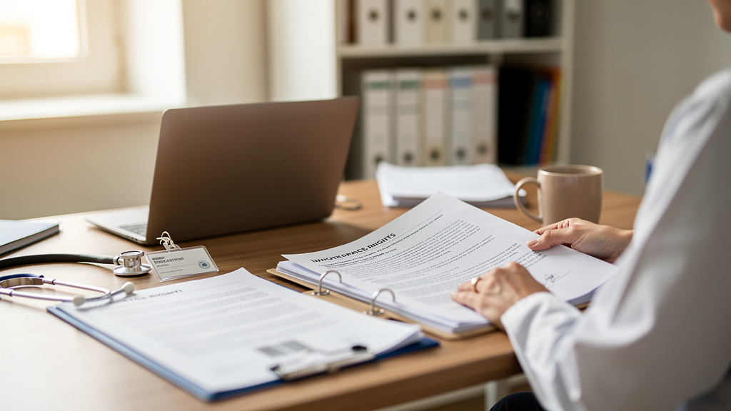 Professionnel de santé consultant un document sur ses droits au travail