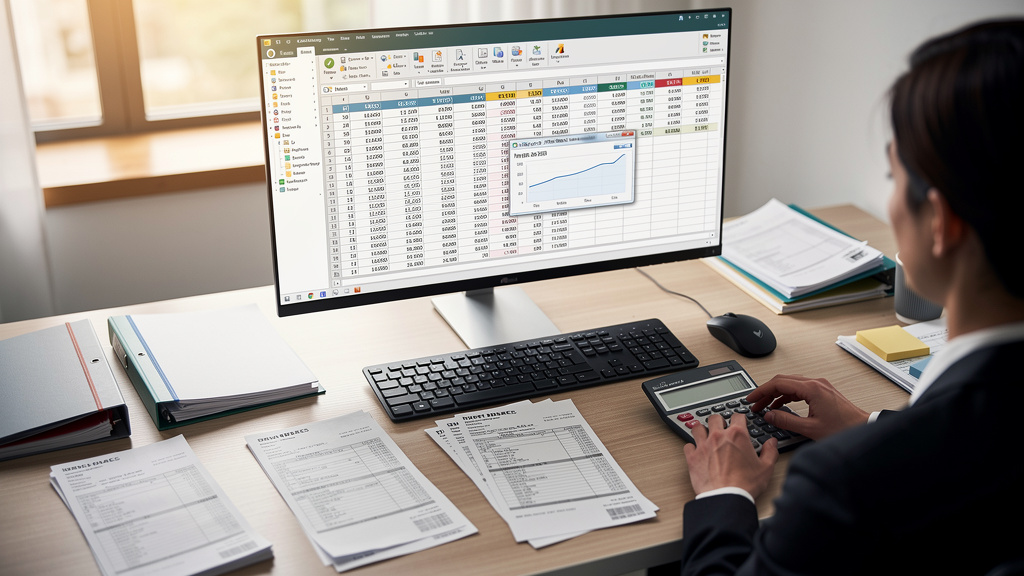 Responsable RH effectuant des calculs de salaire sur ordinateur