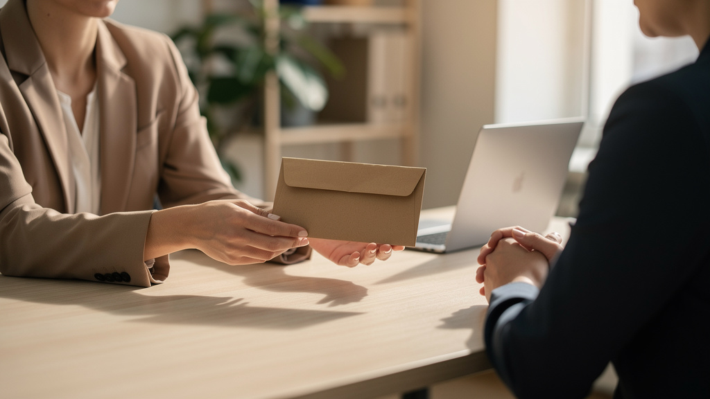 Un responsable des ressources humaines remettant une enveloppe à un employé lors d'un entr