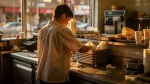 Adolescent en tenue de travail devant un comptoir de restauration rapide
