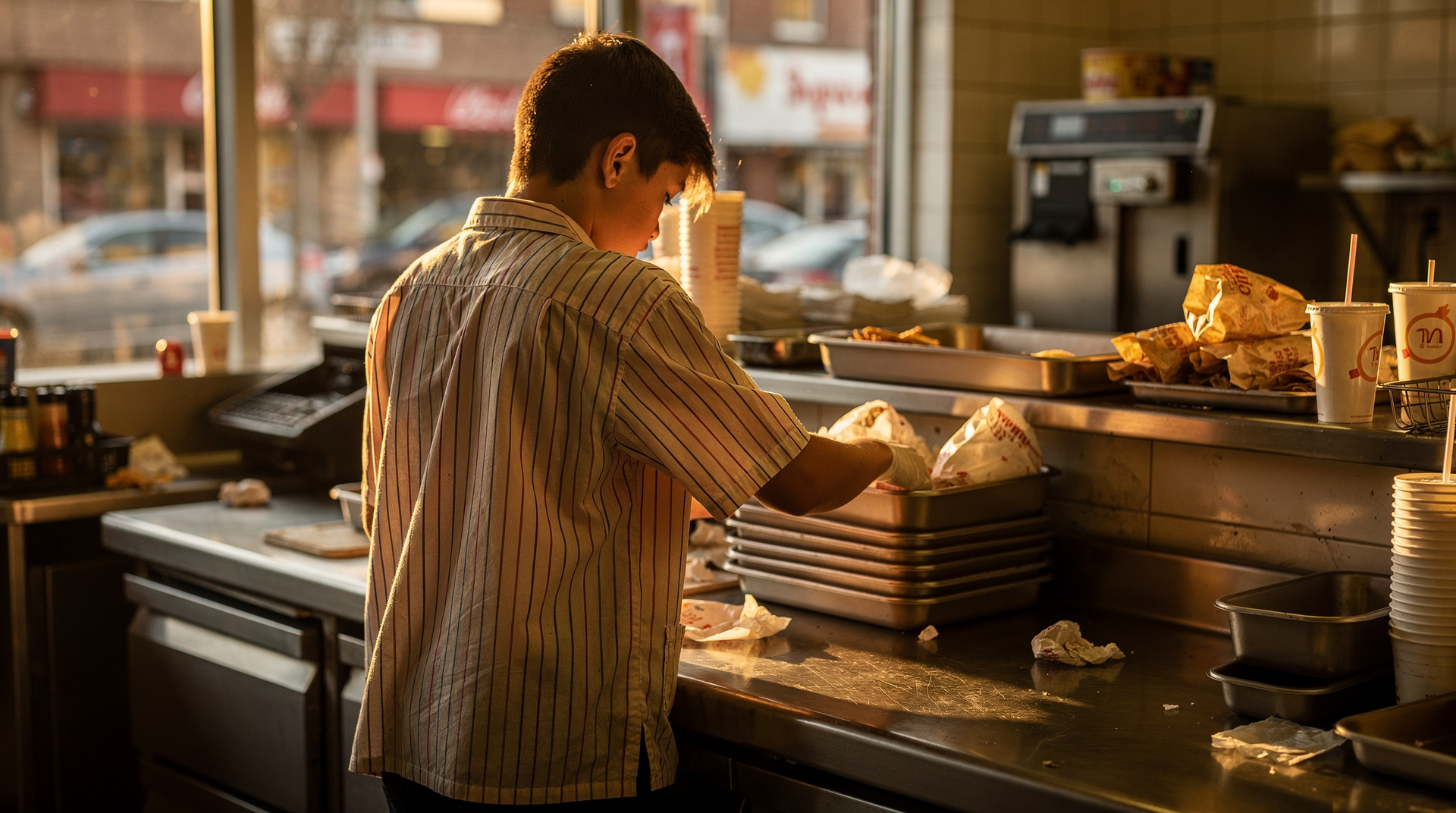 Adolescent en tenue de travail devant un comptoir de restauration rapide