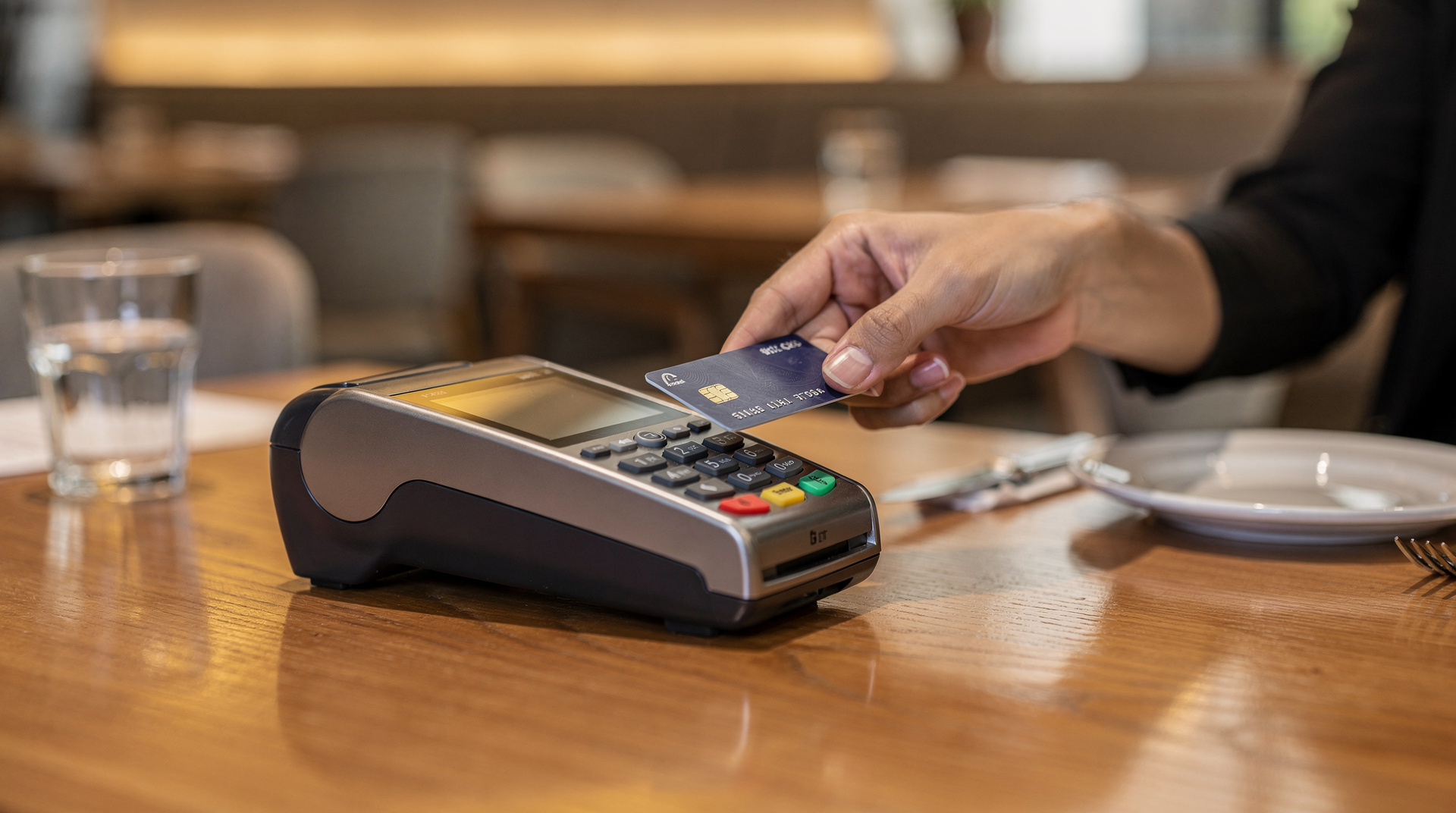 Client réglant par carte à un terminal de paiement dans un restaurant