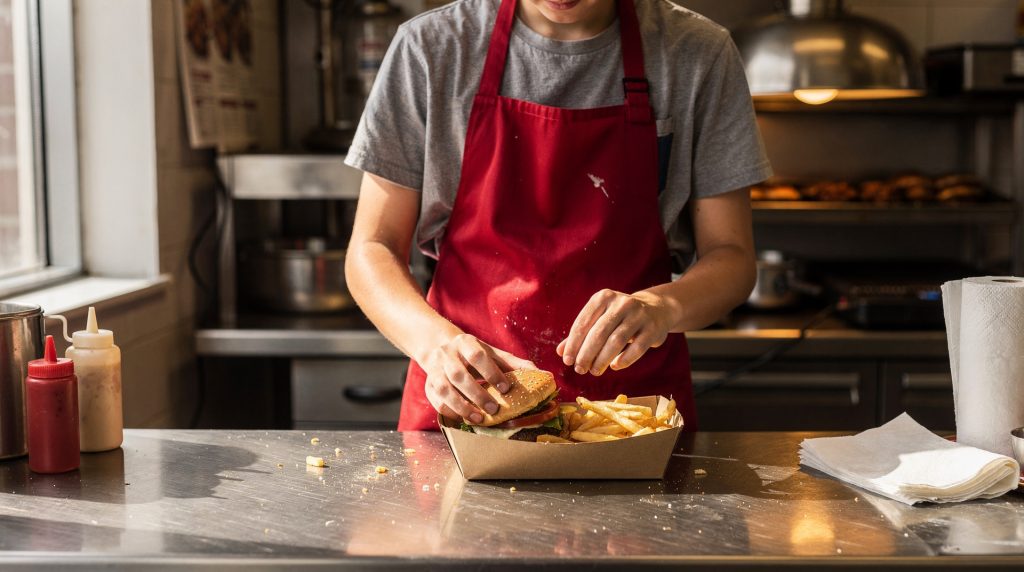 Jeune employé en cuisine de restauration rapide