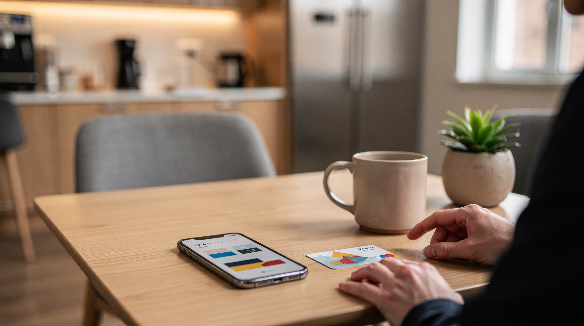 Personne vérifiant le solde de sa carte sur une application mobile dans une salle de pause