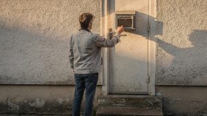 Personne vérifiant sa boîte aux lettres vide devant sa porte d'entrée