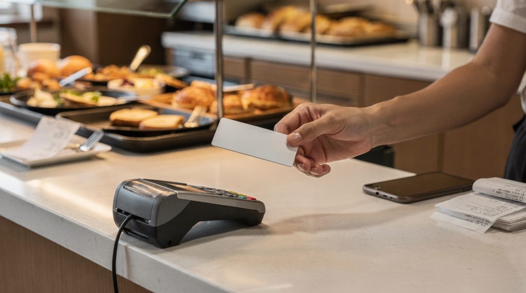 Salarié réglant son déjeuner avec une carte ticket restaurant au comptoir d'un restaurant