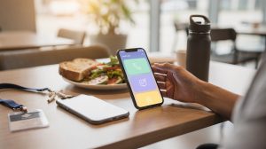 Salarié vérifiant son solde sur une application mobile pendant la pause déjeuner