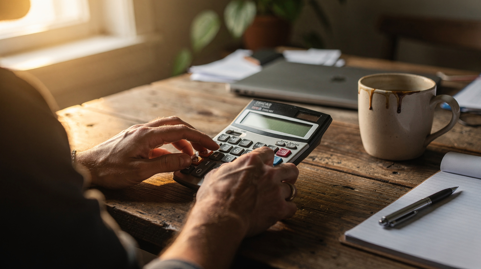 Auto-entrepreneur calculant ses cotisations URSSAF sur son bureau