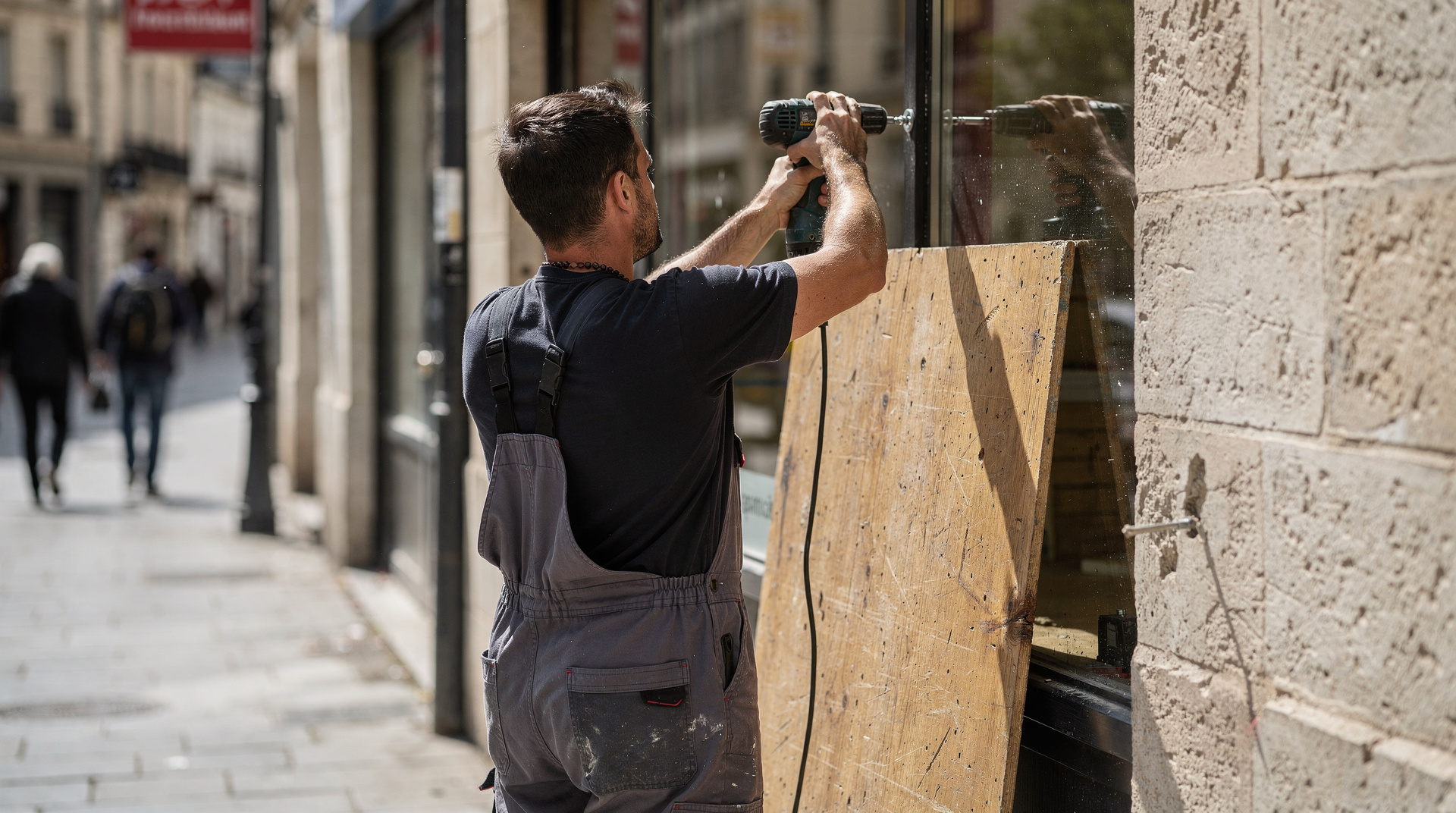 Un commerçant installant son enseigne devant sa boutique nouvellement louée