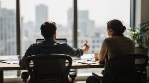 Un entrepreneur et un agent immobilier examinant un contrat de bail dans un bureau