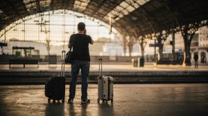 Voyageur au téléphone dans une gare française