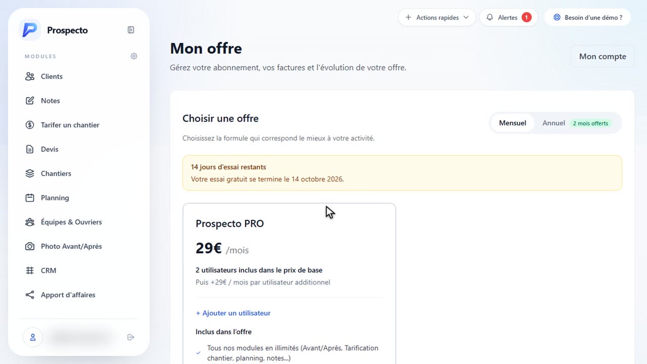 avis prospecto : Facturation et prix