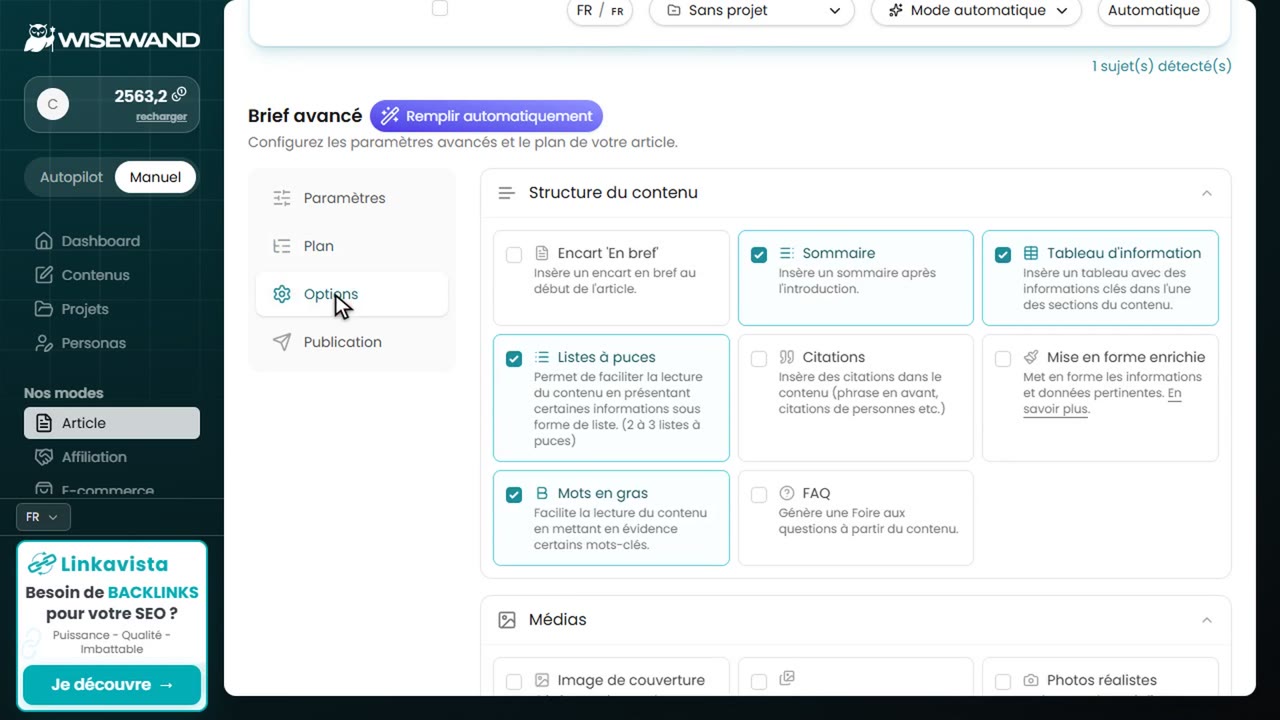 avis wisewand : Créer un article (brief rempli automatiquement)