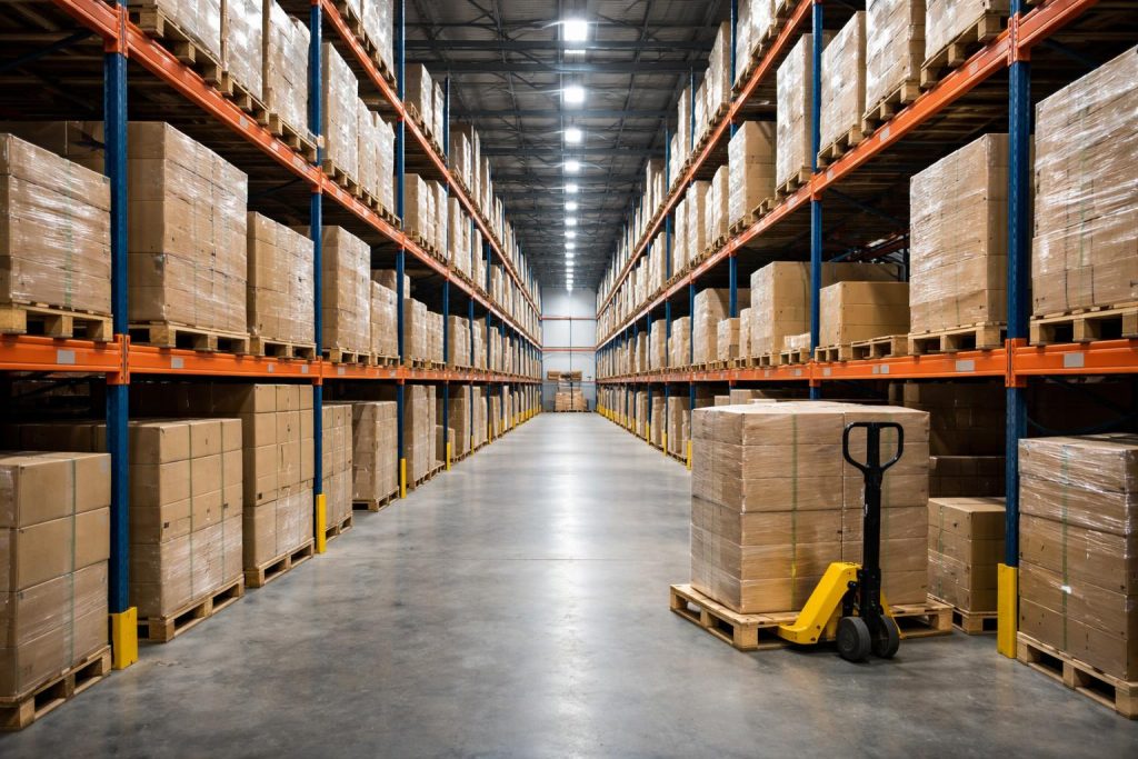 Cariste préparant des colis dans un entrepôt logistique