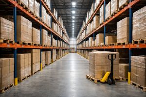 Cariste préparant des colis dans un entrepôt logistique