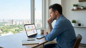 Un entrepreneur assis à un bureau avec vue sur la ville, réfléchissant devant un organigramme sur son ordinateur.