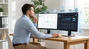 Un professionnel utilise un double écran affichant des graphiques financiers et des icônes de gestion comptable numérique.