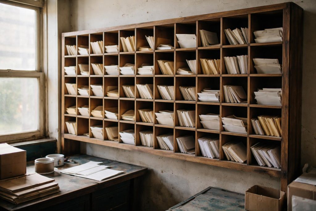Facteur triant du courrier dans un bureau de poste
