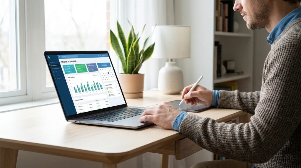 Auto-entrepreneur utilisant un logiciel de facturation sur ordinateur portable dans un bureau lumineux.