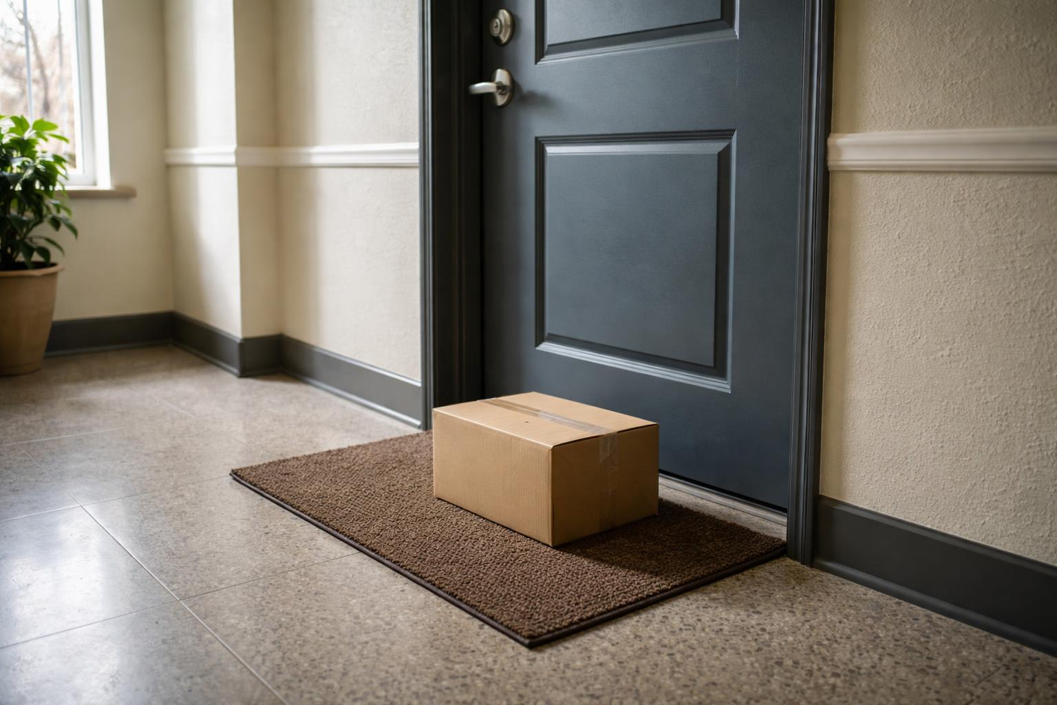 Livreur déposant un colis devant une porte d'appartement