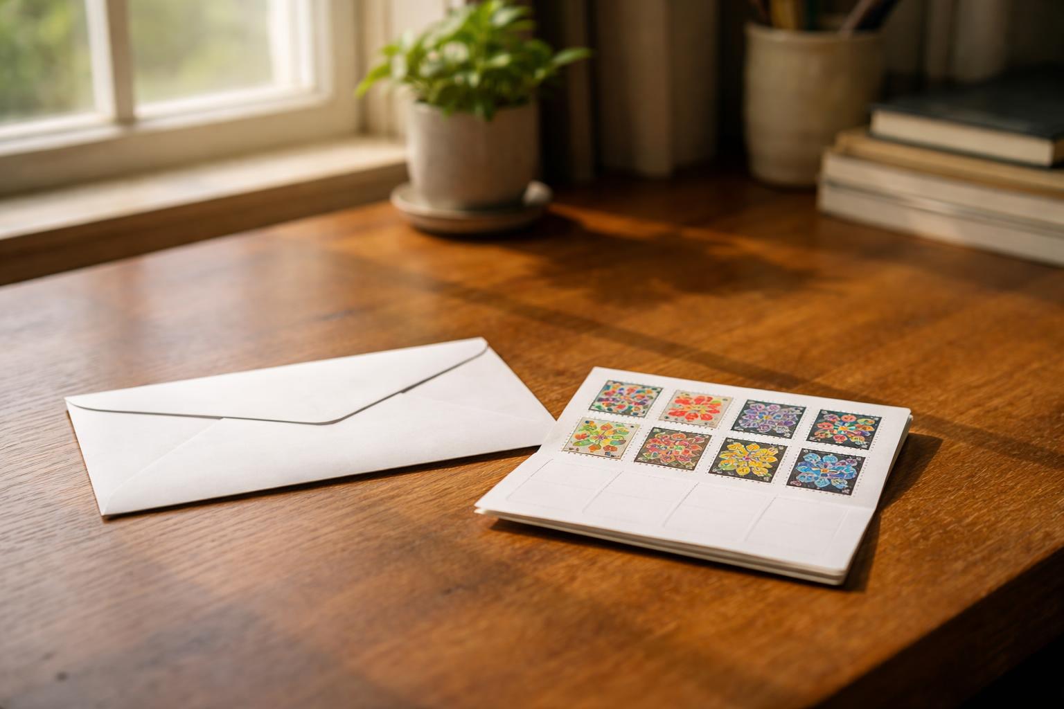 Personne collant un timbre sur une enveloppe