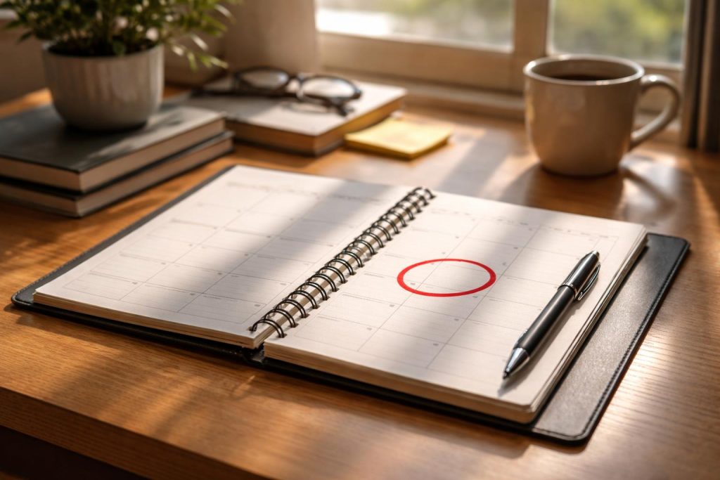 Personne consultant un agenda avec une date cerclée en rouge sur un bureau