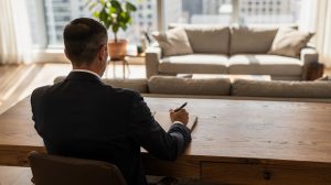 Professionnel lisant un règlement de copropriété à son bureau