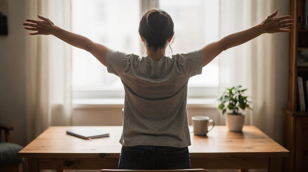 Salarié s'étirant debout à son bureau lors d'une pause