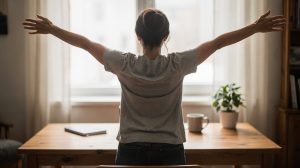 Salarié s'étirant debout à son bureau lors d'une pause