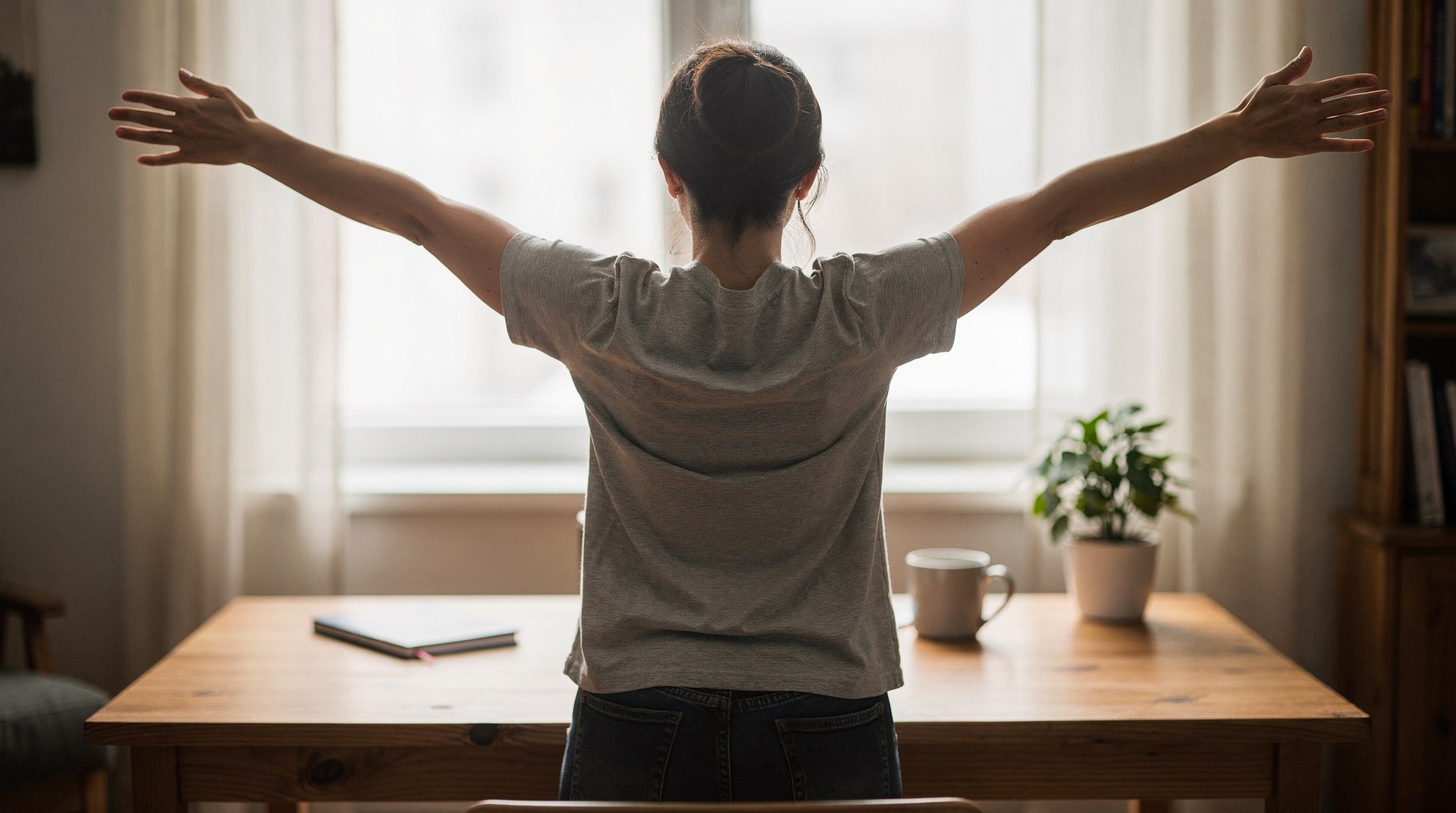 Salarié s'étirant debout à son bureau lors d'une pause
